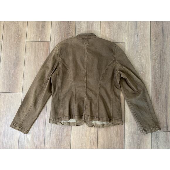 Ralph Lauren RLR Stretch Denim Jacket Camel SZ 16 Sheep Leather Trim Mandarin - Picture 8 of 16